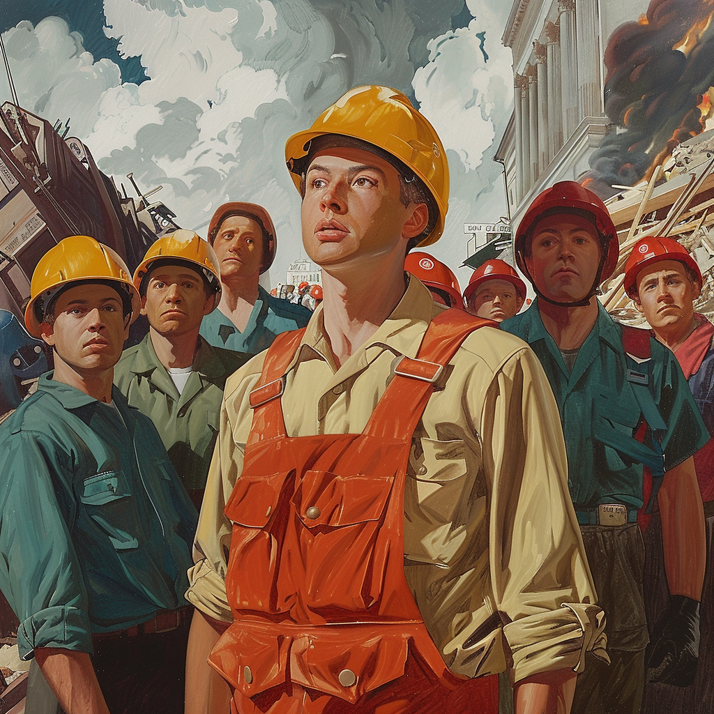 A painting of a group of men in hard hats, representing Workplace Safety and Insurance Board.