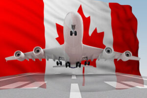 An airplane with a Canadian flag is landing on a runway. The image is related to an invitation letter