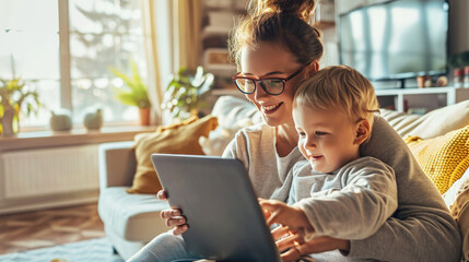 mother and child using laptop for an online notary public services appointment